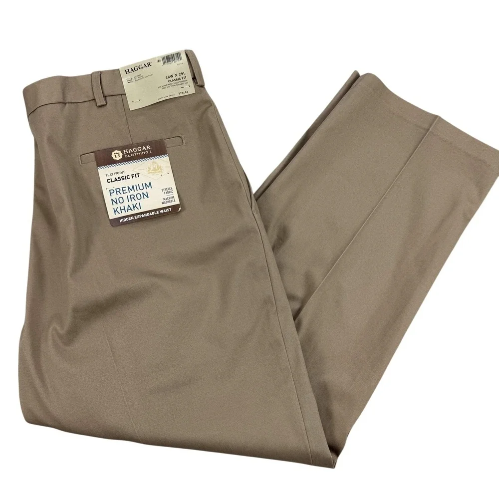 Haggar Pants Mens 38x29 Beige Premium No Iron Khaki Classic Fit Stretch NEW $70